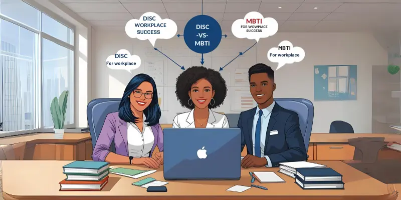 Three professionals discussing DISC vs MBTI personality tests at a desk.