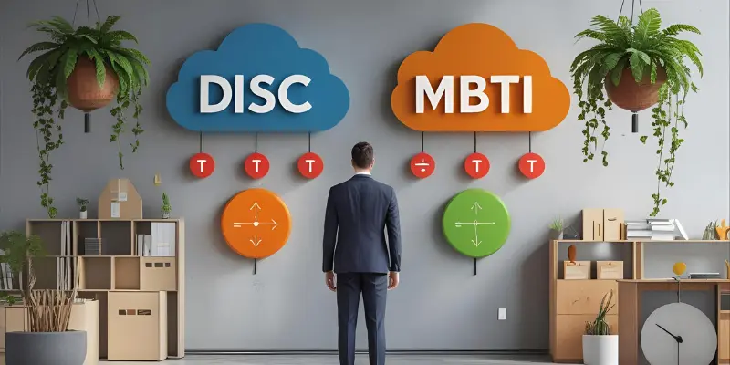 Aman stands between DISC and MBTI charts comparing personality assessment types.