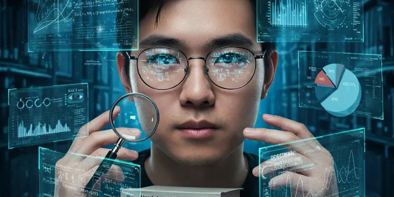 Person analyzing data with a magnifying glass, surrounded by graphs and formulas, symbolizing the precise and logical DISC C personality.