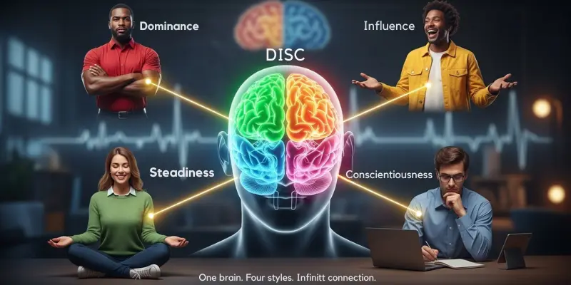 A diagram of the DISC personality model, showing four styles—Dominance, Influence, Steadiness, and Conscientiousness—linked to brain sections.