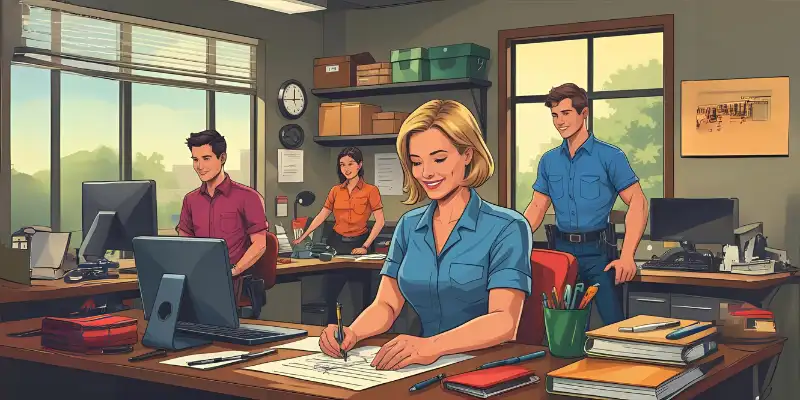 Smiling woman writing at desk while coworkers talk and work in colourful office.