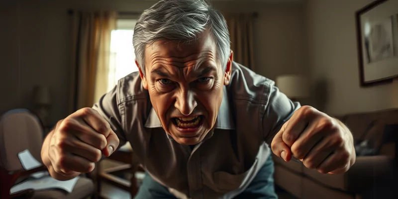 A person with gray hair displaying aggressive behavior, leaning forward with clenched fists in a dimly lit room with furniture and curtains in the background.