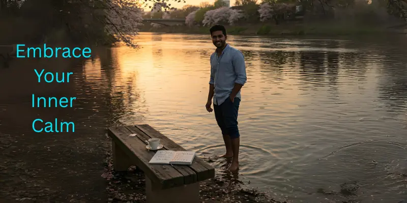 A man standing barefoot in water at sunset, surrounded by cherry blossom trees and a peaceful landscape, reflecting the relaxed nature of a B-Type personality.