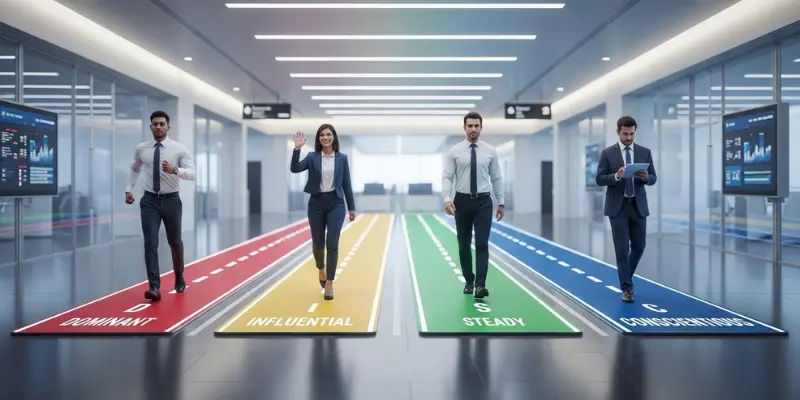 Four business professionals walking on colored tracks labeled Dominant, Influential, Steady, and Conscientious in a modern office setting.