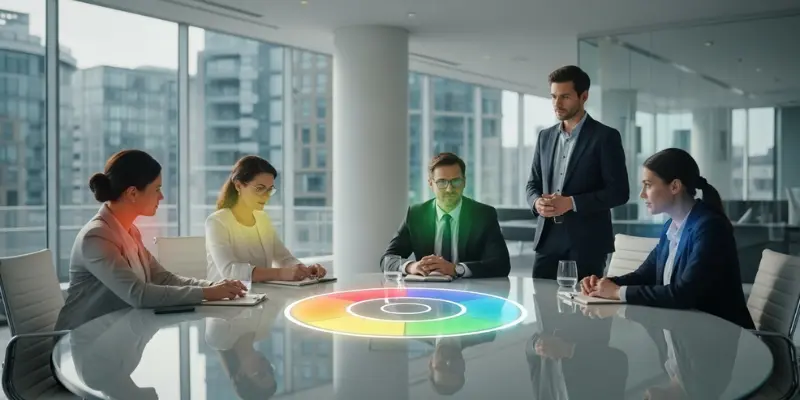 Team viewing colorful circular chart in modern office.