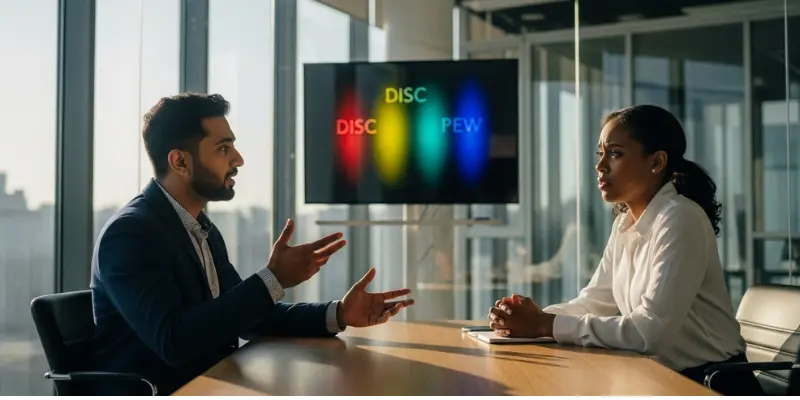 Two people having a discussion in a modern office with a screen displaying the words DISC and PEW in different colors.