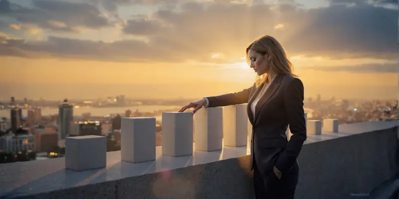 Businesswoman touching progressive blocks on a rooftop at sunset, representing self-mastery.