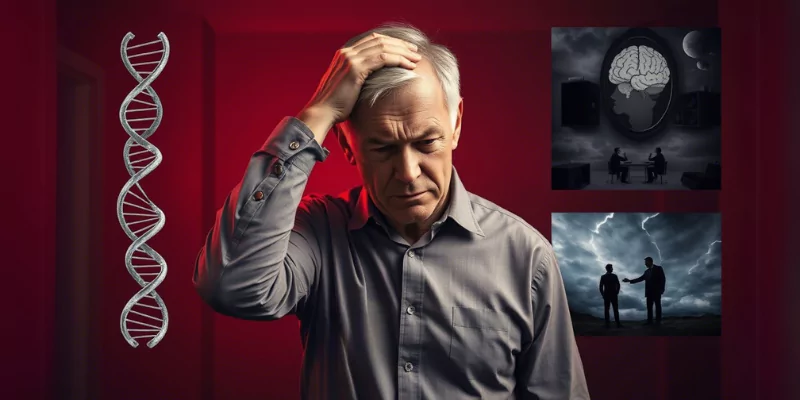 Realistic image showing causes of aggression: DNA, broken mirror, chaotic home, stormy sky, and conflicted adult.