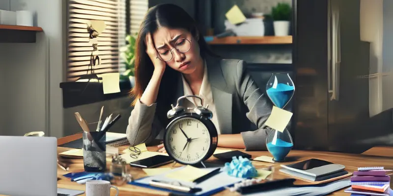 Professional managing time with a planner, clock, and hourglass in an organized office, symbolizing productivity and effective time management.
