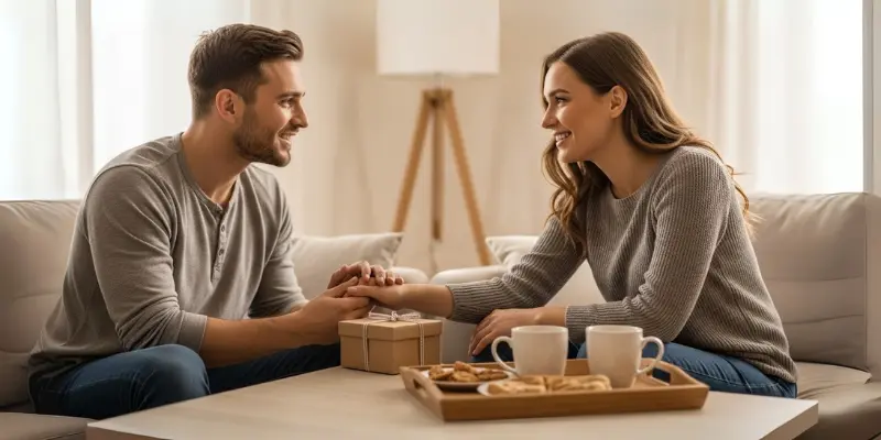 A smiling couple in a cozy living room, holding hands across a coffee table with a small gift box and a tray of coffee and cookies.