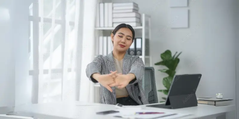 Person stretching at a desk in a bright office, promoting healthy work habits and productivity.