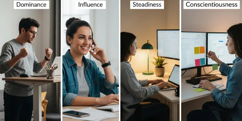 Four individuals demonstrating DISC styles: Dominance, Influence, Steadiness, Conscientiousness.