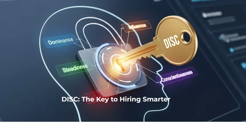 Key labeled "DISC" unlocking a segmented human head with the title “DISC: The Key to Hiring Smarter.