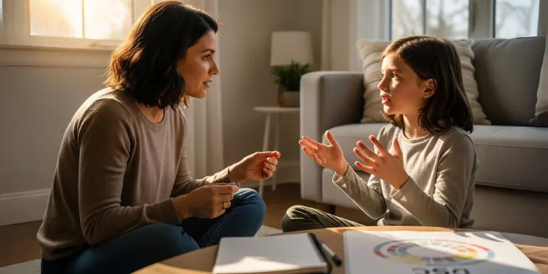 A mother and daughter discuss a DISC personality chart to understand a child's behavior.