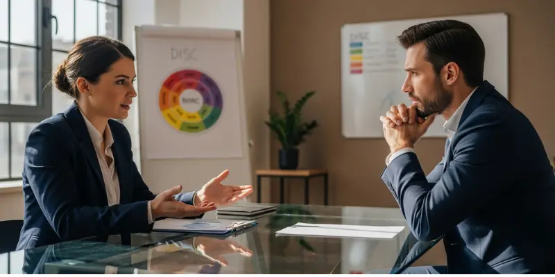 Two professionals discussing DISC personality traits with a colorful chart in the background.
