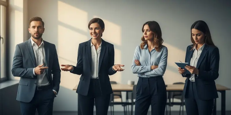 Four professionals in a meeting representing DISC personality types.