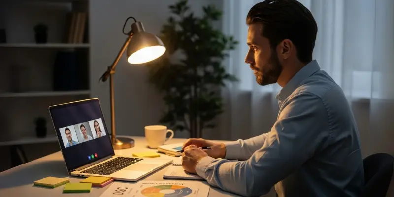 Man in a virtual meeting, desk showing charts, signifying remote team DISC assessment.
