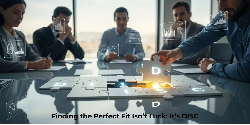 Team discussing DISC strategy with a holographic puzzle labeled D, I, S, C. Text reads: “Finding the Perfect Fit Isn’t Luck: It’s DISC.