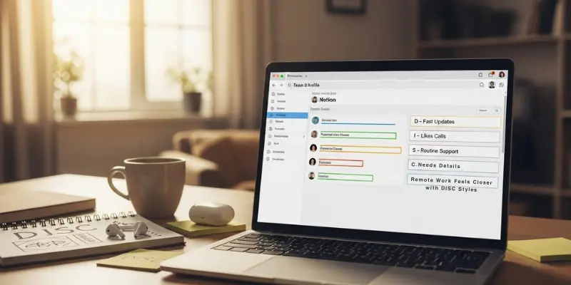 Laptop showing a team dashboard with DISC styles and communication tips.