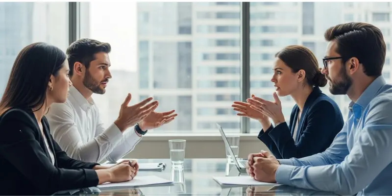Four professionals in formal wear having a business meeting in a modern office with city views.
