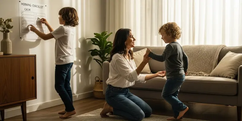 A mother and her two children follow a morning checklist on a whiteboard in their living room.