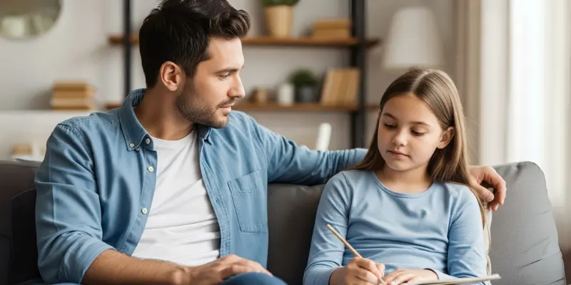 A caring father helps his young daughter with her homework, sitting together on a couch.