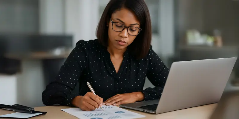 A person wearing a black polka-dot shirt, writing on a document with a pen while working on a laptop, with charts and graphs visible on the paper.