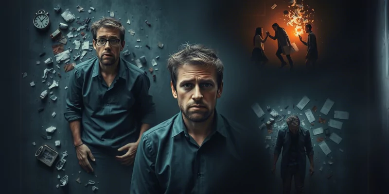 Realistic image showing the impact of aggressive personality on relationships, workplace, and mental health, with dramatic lighting.