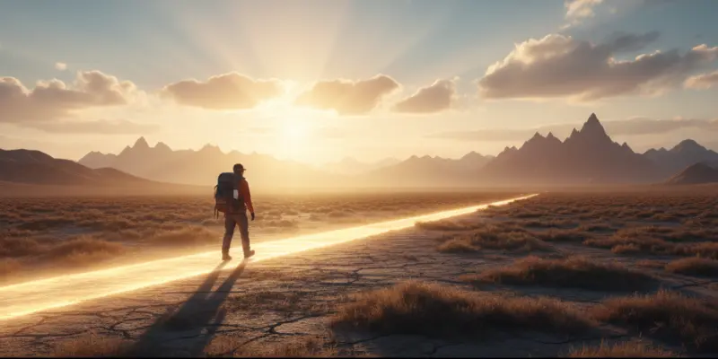 Lone traveler on a glowing path at sunrise, symbolizing discovery and pioneering spirit.