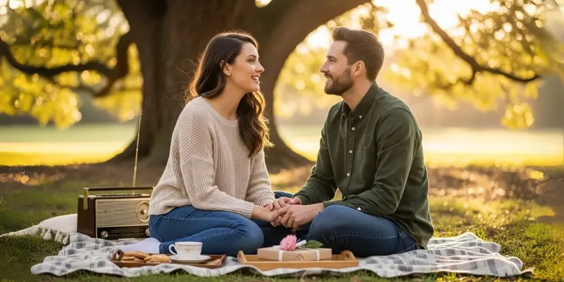 A couple on a picnic blanket, holding hands, with a vintage radio and a gift nearby.