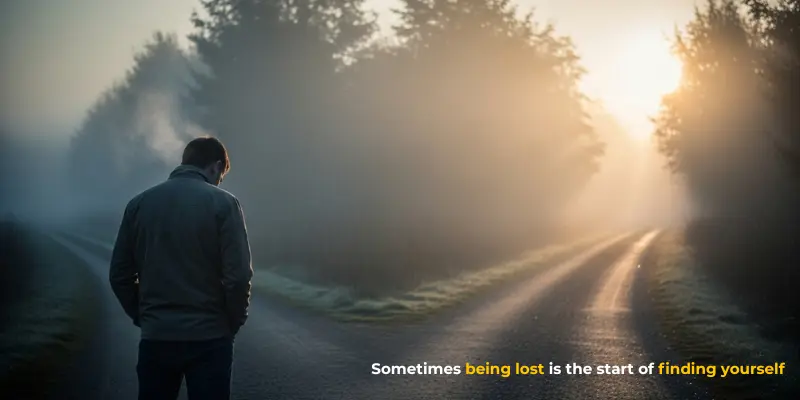 Man at a foggy fork in the road, contemplating direction after feeling lost in life.