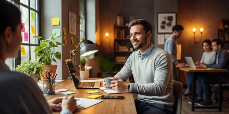 Modern office workspace with people working at desks, laptops, and plants.