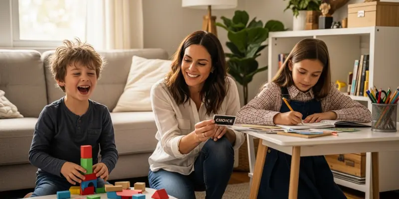 Mother with son playing blocks and daughter studying.