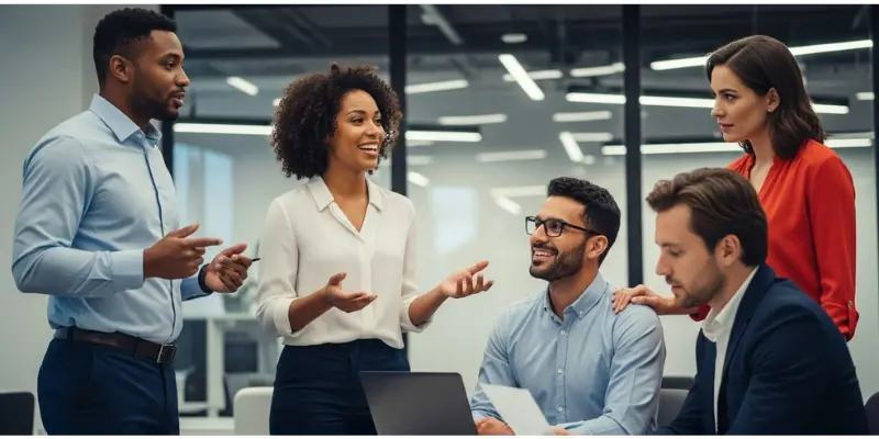Diverse office team engaged in brainstorming in a contemporary boardroom.