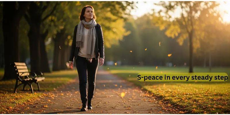 A person walking on a peaceful autumn path, embodying calm and steady steps.