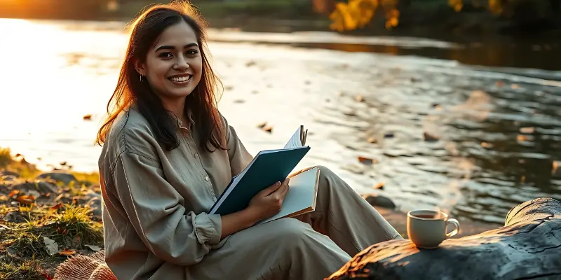 A person standing in shallow water near a bench, with a cup and an open book, set against a sunset by a river with cherry blossom trees.