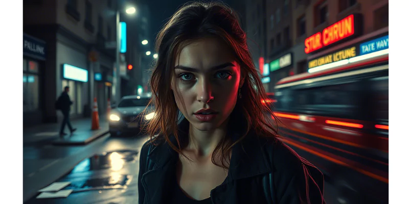 Cinematic image of an aggressive woman in an urban setting, showing anger, impulsivity, and manipulative behavior with dramatic lighting.
