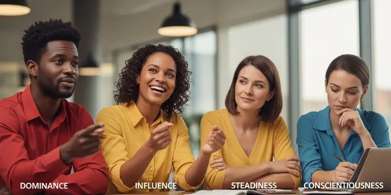 Four people at a table, representing DISC personality types.