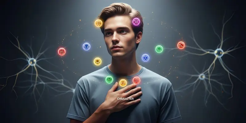 A person touching their chest, surrounded by icons and neural patterns symbolizing personality traits.