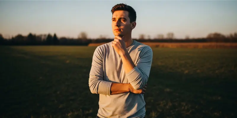 Person in a gray shirt stands thoughtfully in a grassy field under a clear sky.