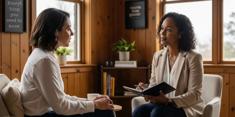 A personal development coach listens to her client during a coaching session in a cozy office.