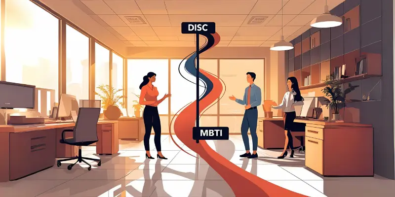 People walking on spiral path labeled DISC and MBTI in modern office setting