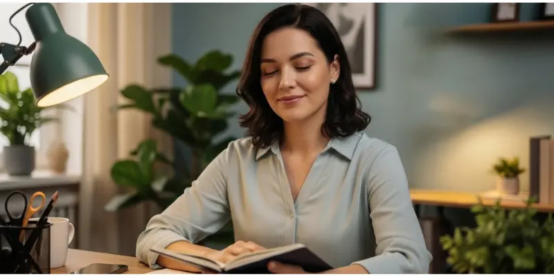 A woman sitting at a desk reading a book, with a green desk lamp, potted plants, and office supplies around her.