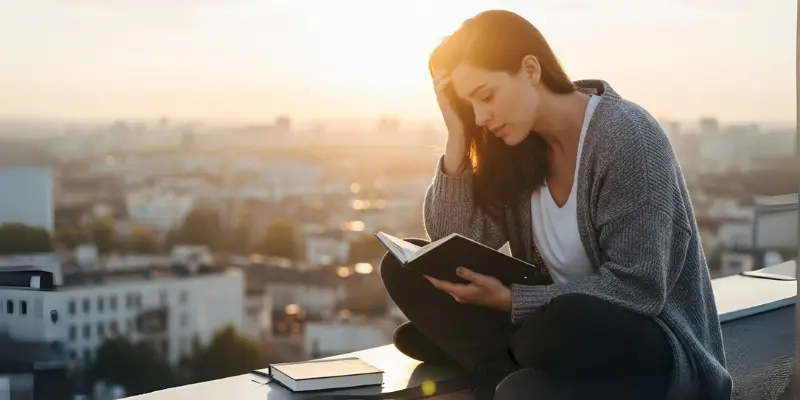 A woman sits on a rooftop at sunset, reading a book.