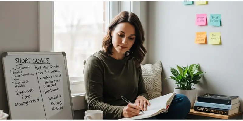 Woman writing in a journal near a window with goal-setting notes on the wall.
