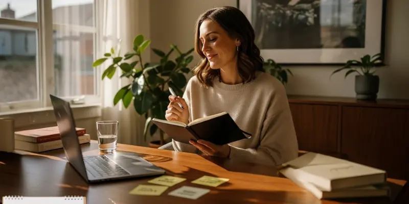 A woman at her desk writing in a journal with a laptop and sticky notes nearby.