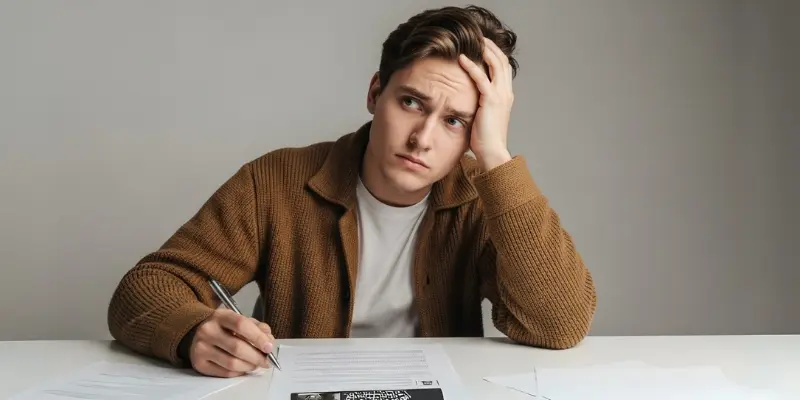 A young boy in a brown cardigan writes at a desk covered with study papers.